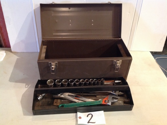 metal tool box w/socket set & misc. tools