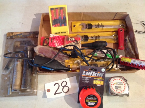 tape measures, small grease gun, wire marker, misc. flat