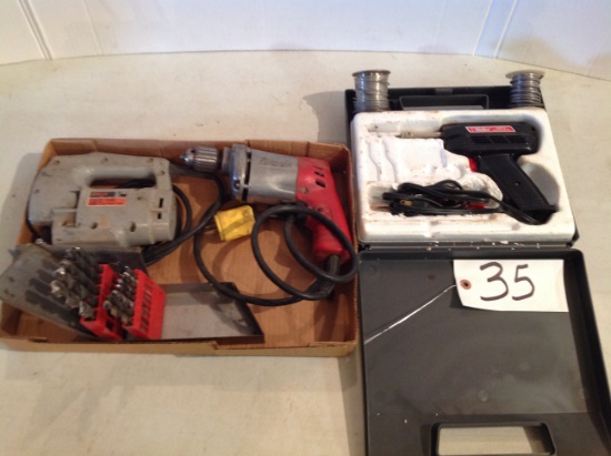 Milwaukee 1/4" drill, Skill jig saw, Weller soldering iron w/wire, set of d