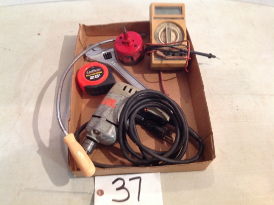 volt meter w/drill, tape measure, crescent wrench & magnetic reach