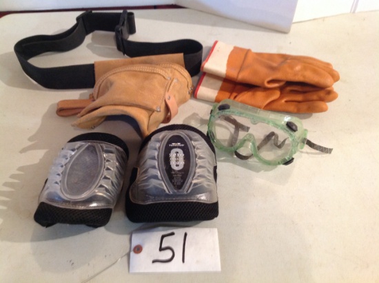 tool belt, knee pads, gloves & goggles