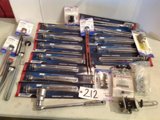 assortment of water heater elements, thermostats w/wrench and socket for ch