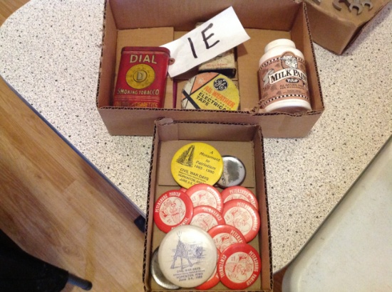 Petersburg Parish 100 year centennial pins, 3 old tins and & Milk Paint all empty