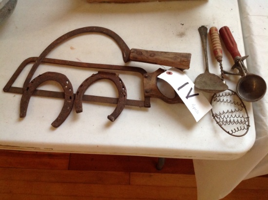 sye and saw, horse shoes, kitchen utensils