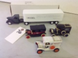 1940 Diamond T cab and enclosed trailer, 3 vintage Ford & Buick trucks