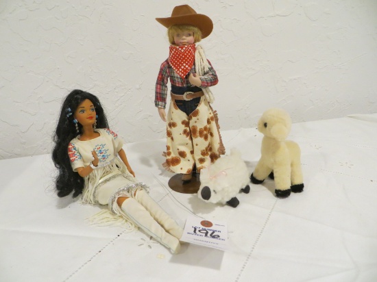 Pocohontas barbie, porcelain cowboy and farm animals