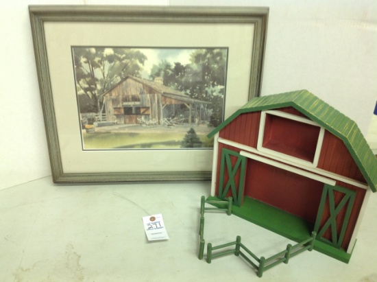 John Deere Property water color picture by Paul Norton w/wood model barn