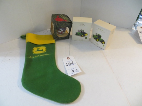 John Deere stocking, and 3 Christmas ornaments