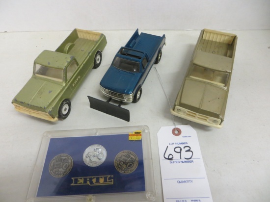 2 Chevy vintage Ertl trucks & Ford truck w/snow plow & 3 Ertl medals