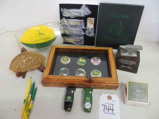 John Deere knives, football, 2001 plaque, pins and pens