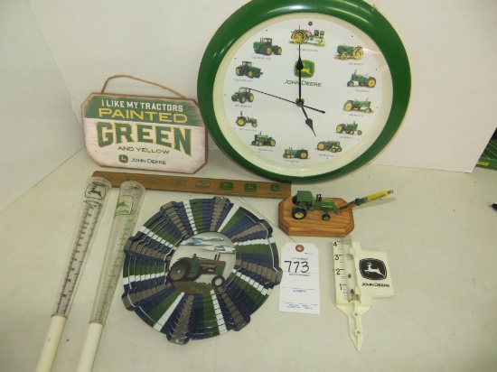 John Deere spinner, ruler, 3 rain gauges,  picture and hat hook