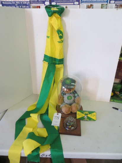 Danbury Mint bear, wind sock, clock and John Deere plow tractor