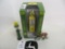 2 John Deere coin bank, JD & Webber deer on bike, and metal JD cut out in m