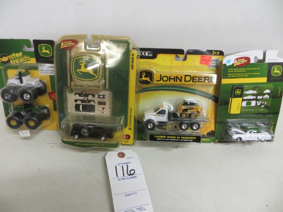 John Deere monster trucks, flatbed truck w/skidsteer, Johnny lighting truck