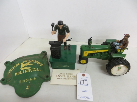 John Deere part w/ John Deere Anvil bank & John Deere 730 tractor w/clock