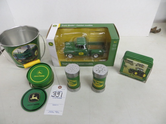 John Deere 1957 3100 truck, bucket, coasters, salt pepper shakers