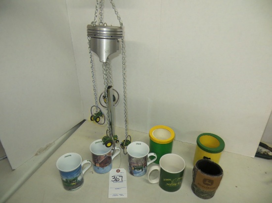 John Deere piston wind chime, 3 Danbury Mint coffee cups, cosy's
