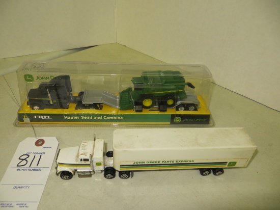 2 International semi's van trailer and drop deck w/John Deere combine