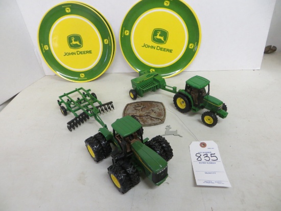 2 John Deere tractors w/disk chisel & baler w/metal John Deere cut outs and