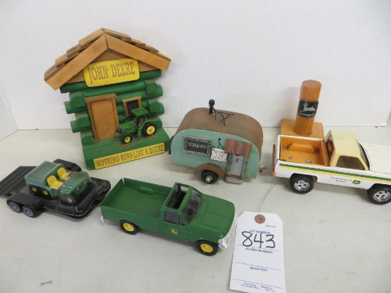 John Deere pickup w/vintage camper, JD truck w/side by side & log cabin dis