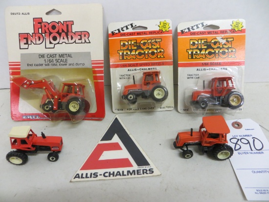 5 Allis Chalmers tractors 1/64 Scale, and emblem / 7045, 8070, 1 w/loader