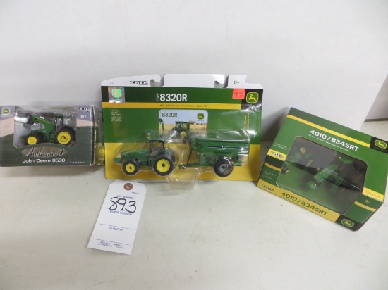 3 John Deere 1/64th 8530, 8320R w/grain cart, 4010/8345RT