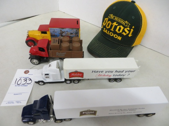 2 Potosi Beer semi's & 2 Potosi vintage trucks w/Potosi Saloon hat