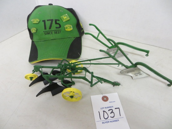Precision John Deere plow and 2 walk behind plows w/John Deere hat