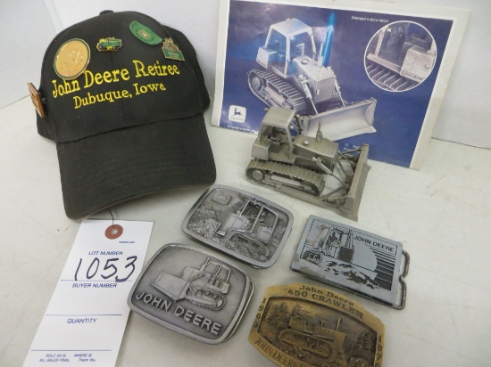 pewter bull dozer w/ 4 bull dozer belt buckles & John Deere Dubuque, Iowa h