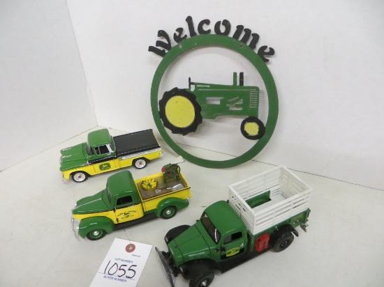 3 vintage John Deere pickups, w/metal "Welcome" sign