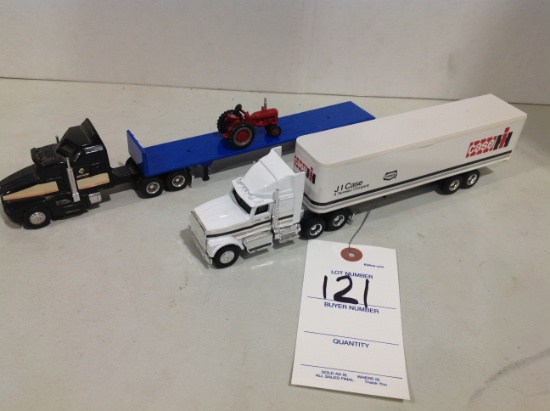 1 semi w/enclosed trailer, 1 w/flat bed & tractor