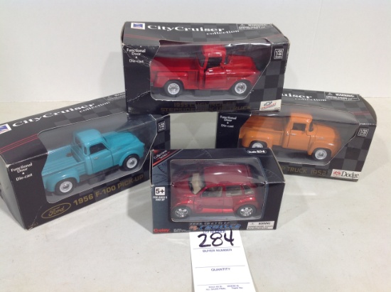 1955 Chevy step side, 2000 Chrysler Cruiser, 1952 Dodge pickup, Ford F-100 '56