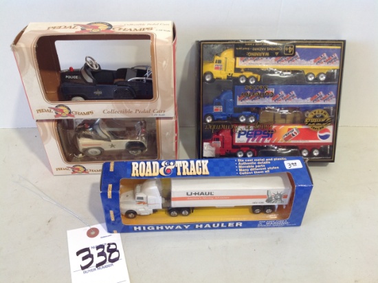 4 semi's, Pepsi, Uhaul, 2 pedal cars, Police