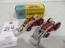 2 Corgi Toys Massey Ferguson 65 tractor w/shovel & fork, Made GT. Britain Lonan RARE