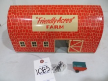 Friendly Acres Dairy Farm, tin litho by Susy Goose w cow's and milker and milk can