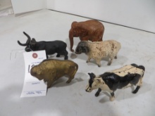 cast iron cow, bull, sheep and buffalo banks w/wood elephant w/no tusk's