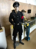 MANNEQUIN WITH GERMAN S.S. OFFICERS UNIFORM TO INCLUDE BLACK UNIFORM, HAT, BOOTS, ARM BAND & UTILITY