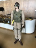 MANNEQUIN WITH ARMY AIR CORPS FLIGHT SUIT, SURVIVAL VEST, LEAHER HELMET WITH GOGGLES, PARACHUTE &