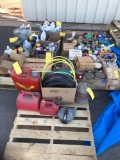 4 PALLETS OF PAINT, MISC CLEANING SUPPLIES & SEVERAL GAS CANS & HOSES