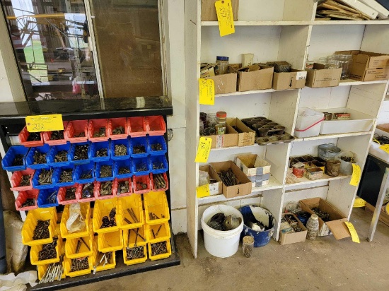 METAL HARDWARE CABINET WITH CONTENTS AND SEVERAL BOXES OF MISC HARDWARE