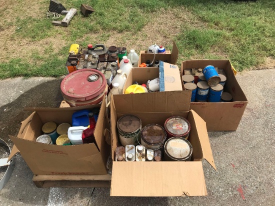 PALLET OF MISC. LUBRICANTS, OIL, HYDRAULIC FLUID, THINNERS, ETC.