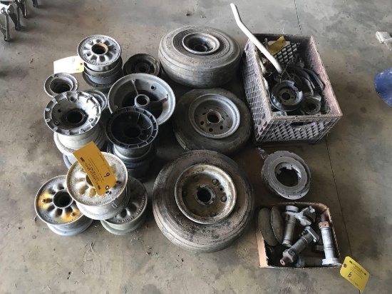 (LOT) WHEELS, AXLES & MISC WHEEL & BRAKE INVENTORY, APPROX. 17 PIECES