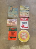 (5) SMALL TIN SIGNS & CALVERT THERMOMETER