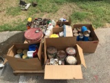 PALLET OF MISC. LUBRICANTS, OIL, HYDRAULIC FLUID, THINNERS, ETC.