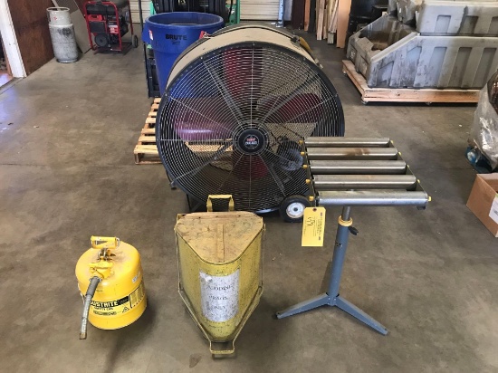 HEAT BUSTER 42" BARREL FAN (NEEDS MOTOR), ROLLER STAND, RAG CAN & GAS CAN