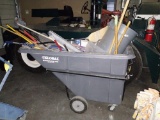 ROLL-AROUND TRASH CART WITH BROOMS & MISC