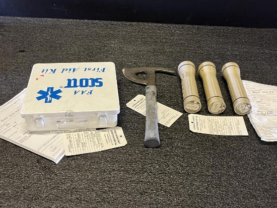 (LOT) CRASH AXE (1) 42D833, FIRST AID KIT (1) 70004-00, & FLASHLIGHTS (3) P2-07-0003-001
