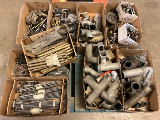 BOXES OF ENGINE GEARS, INTAKE TUBES, PUSHRODS & INVENTORY FROM TEAR DOWNS