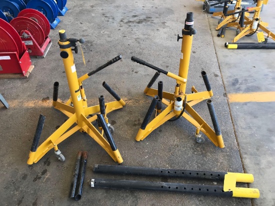 MEYERS 35", 3 TON AIRCRAFT JACKS WITH 31 & 45 INCH TUBES & LEG EXTENDERS (1 WORKS PROPERLY & 1 HAS
