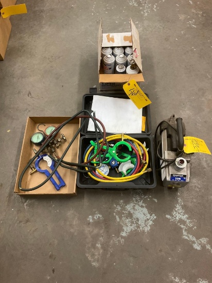 (LOT) MASTERCOOL VAC PUMP, A.C. RECHARGE MANIFOLDS & FREON